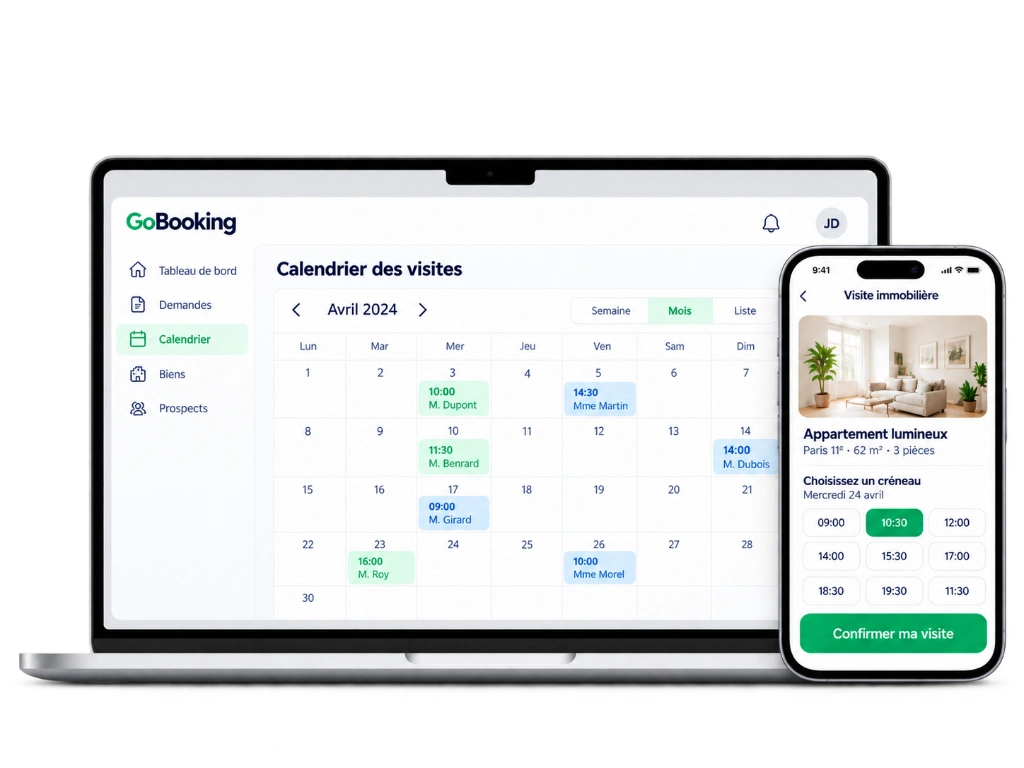 Interface GoBooking avec calendrier sur ordinateur portable et réservation sur smartphone
