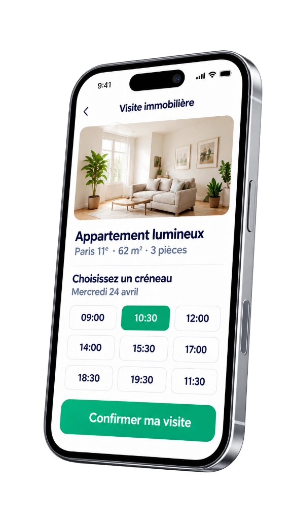 Smartphone affichant la sélection de créneaux disponibles pour le visiteur